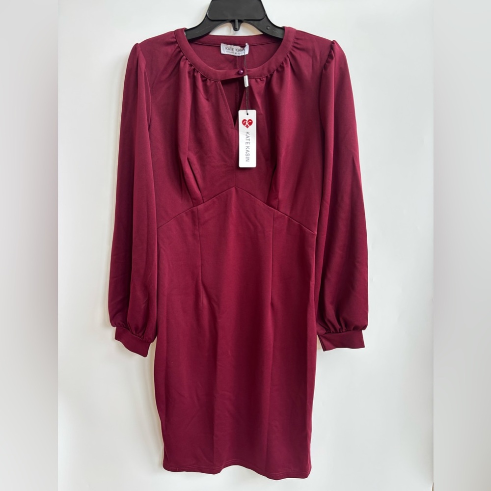 Kate Kasin Long Sleeve Knee Length Dress, Burgundy, Medium